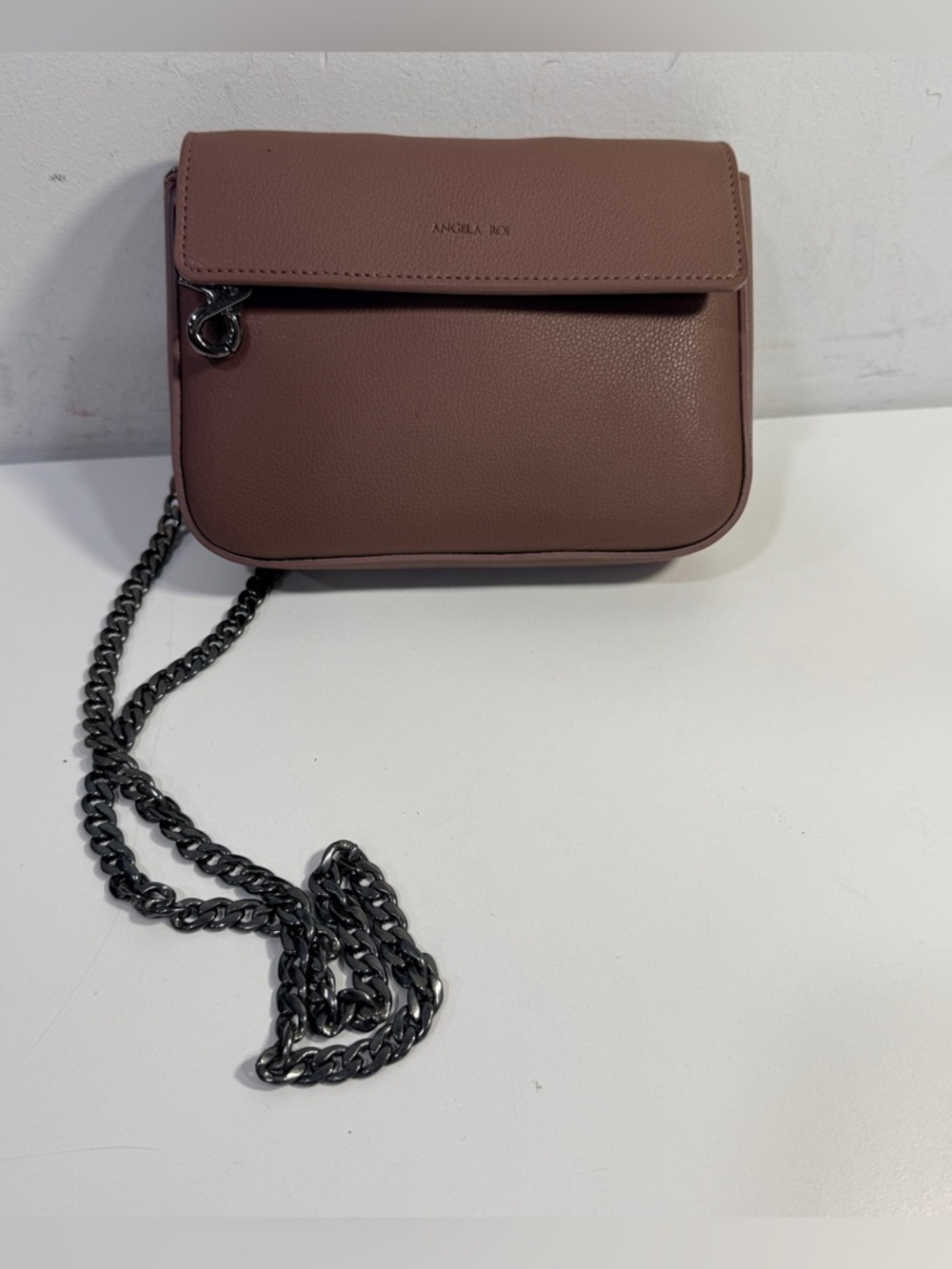 Angela Roi Purse Bag Crossbody Flap Light Mud Gray Vegan Chain Strap Logo Pocket